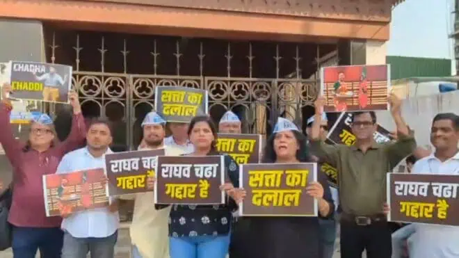 AAP Workers Protest Outside Raghav Chadha’s Mumbai Residence After Joining BJP